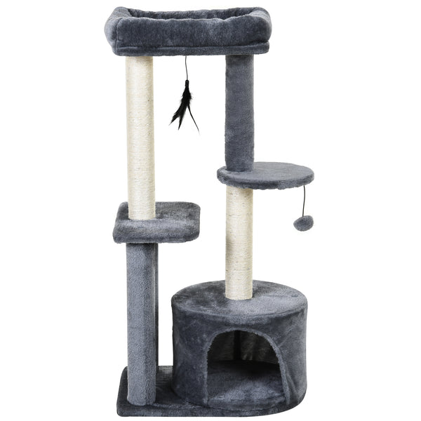 Arbre à chat avec maison pour chat 2 étagères 48x35x100 cm en bois de sisal blanc et gris sconto