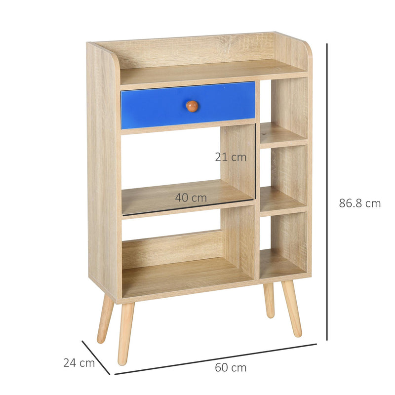 Libreria 5 Ripiani con Cassetto 60x24x86,8 cm in Truciolato  Rovere e Blu