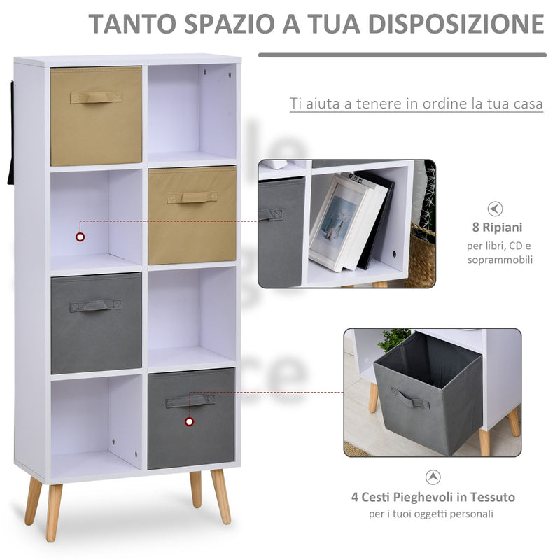 Armadietto Libreria 8 Ripiani 4 Cassetti Pieghevoli 54,5x24x122,5 cm  Bianco