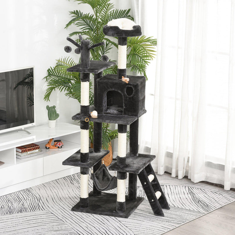 Tiragraffi con 2 Cuccie Amaca e Giochi per Gatti 49x49x155 cm in Peluche Sisal  Grigio Scuro