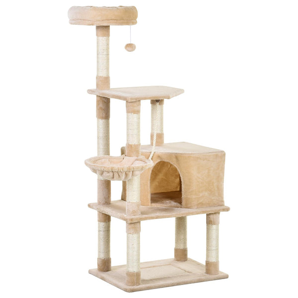 Arbre à chat avec niche et panier suspendu pour chat 60x45x134 cm en peluche sisal beige sconto