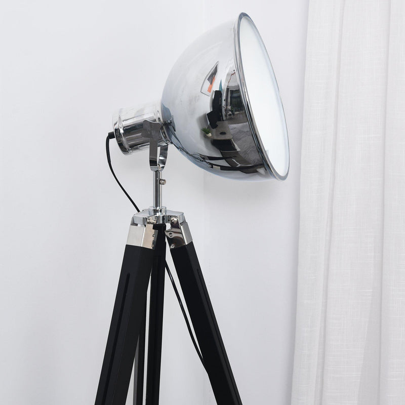 Lampada da Terra Tripode in Legno con Paralume in Acciaio 65x65x100-140 cm E27  Nera