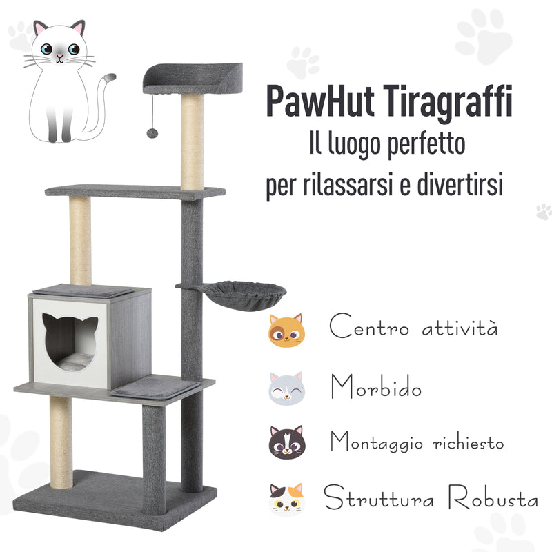Tiragraffi con Cuccia e Cestino sospeso per Gatti 61x49x160,5 cm in Peluche Sisal  Grigio