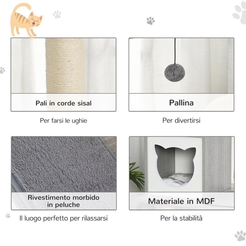 Tiragraffi con Cuccia e Cestino sospeso per Gatti 61x49x160,5 cm in Peluche Sisal  Grigio