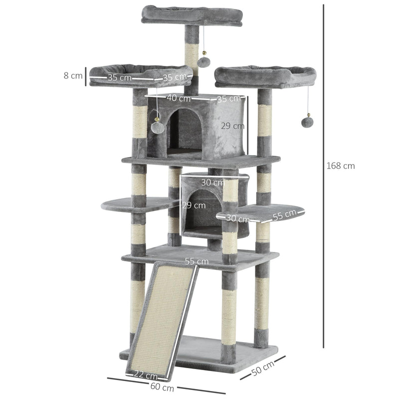 Tiragraffi con 2 Cucce e 2 Casette per Gatti 60x50x168 cm in Peluche Sisal  Grigio