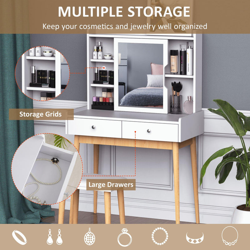 Consolle Trucco 80x40x127 cm con Specchio e Sgabello  Bianca