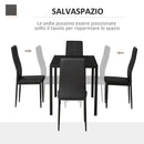 Set da Pranzo Tavolo con Piano in Vetro e 4 Sedie in Metallo e Similpelle  Nero