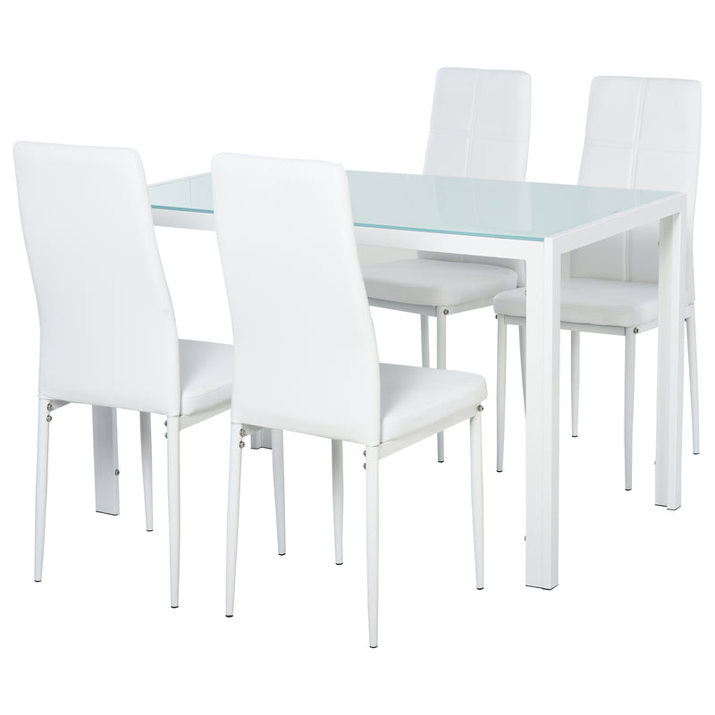 Set da Pranzo Tavolo con Piano in Vetro e 4 Sedie in Metallo e Similpelle  Bianco