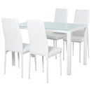 Set da Pranzo Tavolo con Piano in Vetro e 4 Sedie in Metallo e Similpelle  Bianco