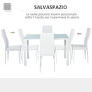 Set da Pranzo Tavolo con Piano in Vetro e 4 Sedie in Metallo e Similpelle  Bianco