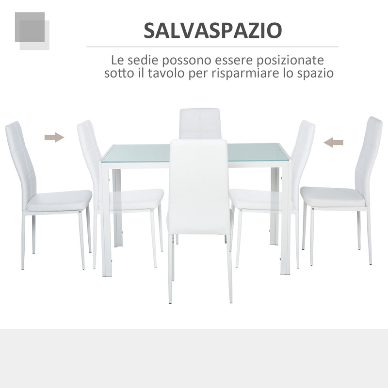 Set da Pranzo Tavolo con Piano in Vetro e 4 Sedie in Metallo e Similpelle  Bianco