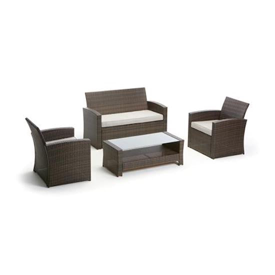 prezzo Salon de Jardin en Rotin PVC Canapé 2 Places 2 Fauteuils et Table Basse Taddei Syrma Marron