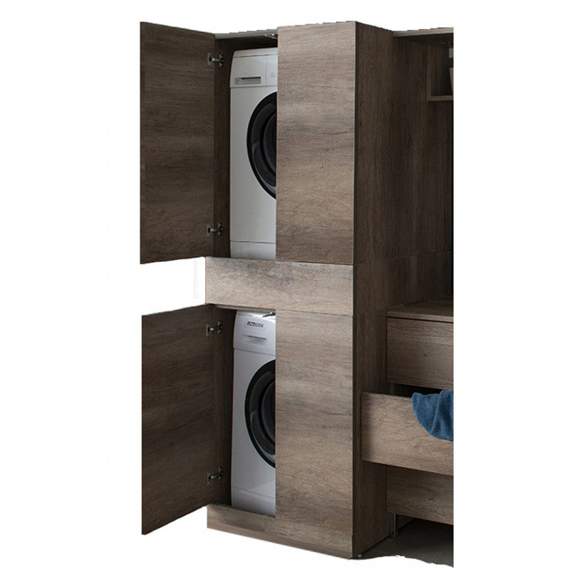 Mobile Lavanderia a Colonna per Lavatrice o Asciugatrice con Asse da Stiro e Ante 70x70x192A cm in Nobilitato Unika Olmo Bianco