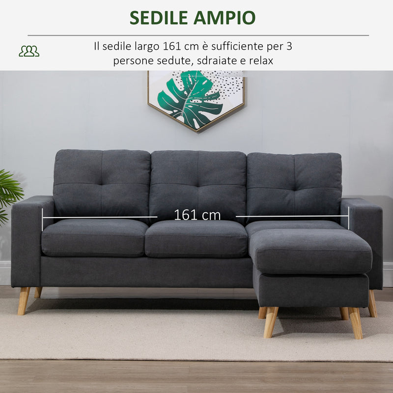 Divano Angolare 3 Posti in Lino con Penisola  Grigio