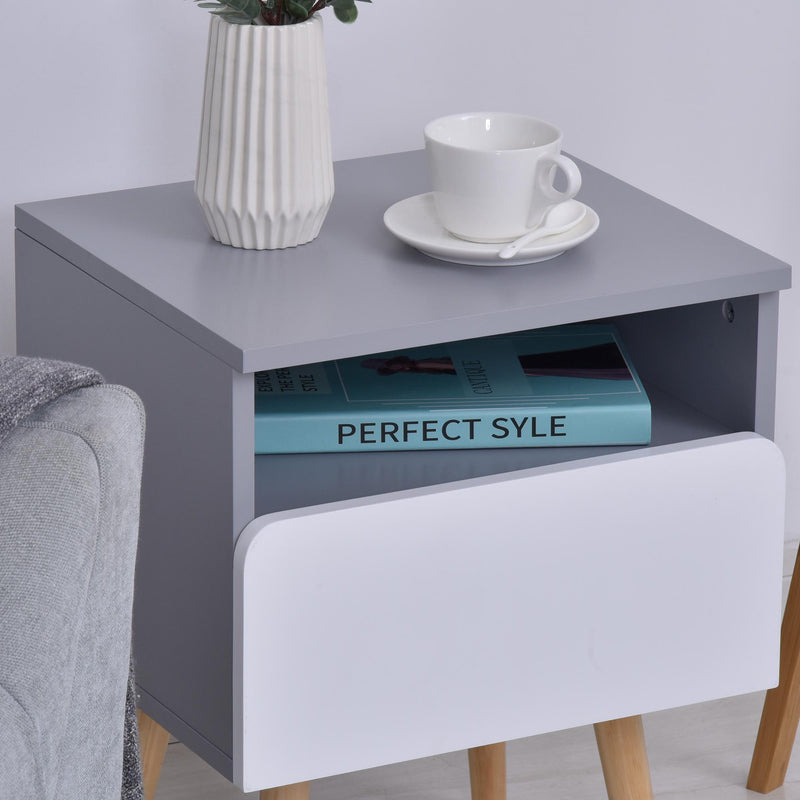 Comodino 1 Cassetto 40x34,3x50 cm in Legno MDF  Grigio e Bianco