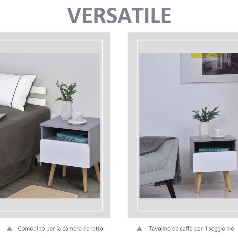 Comodino 1 Cassetto 40x34,3x50 cm in Legno MDF  Grigio e Bianco