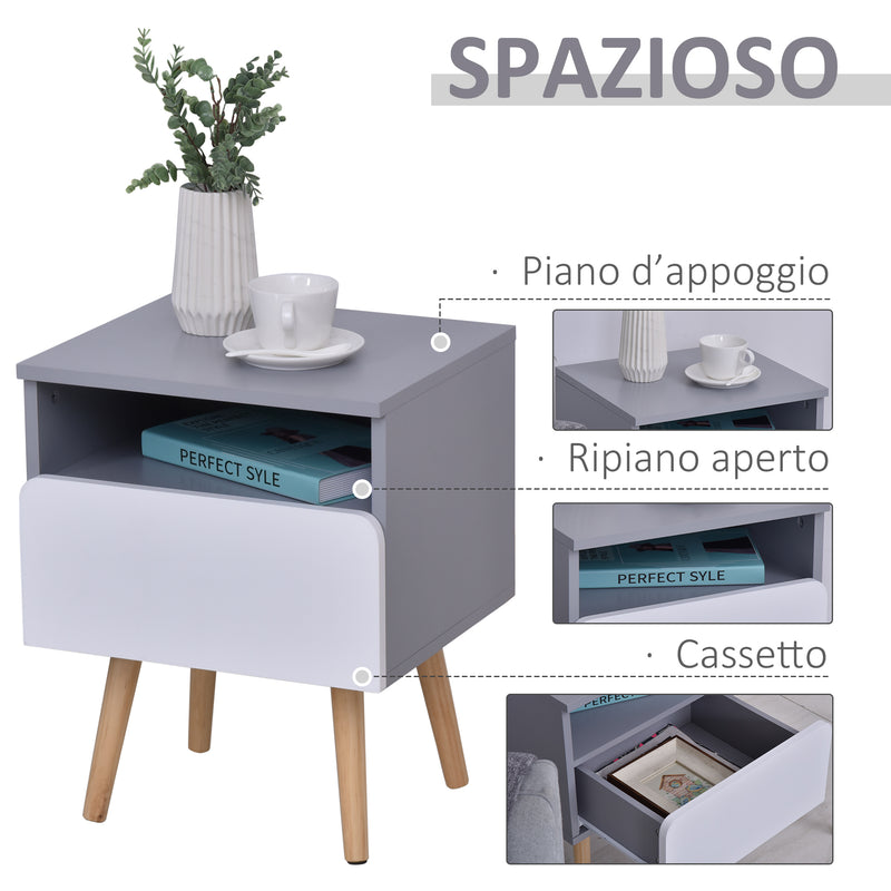 Comodino 1 Cassetto 40x34,3x50 cm in Legno MDF  Grigio e Bianco