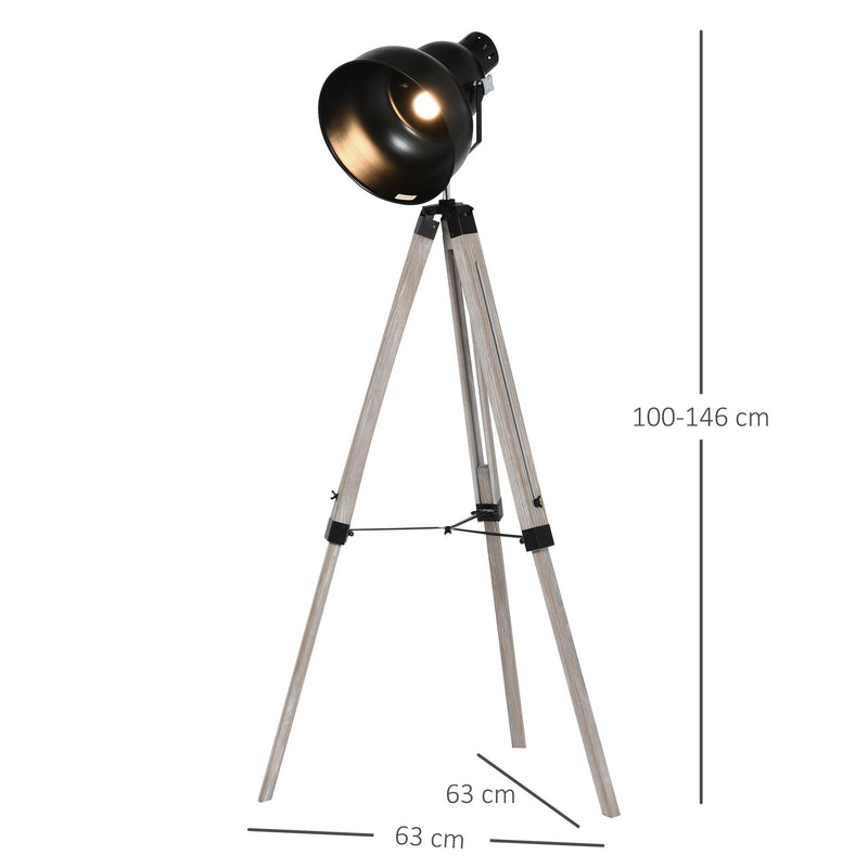 Lampada da Terra Tripode in Legno con Paralume in Metallo 63x63x100-146 cm E27  Nera