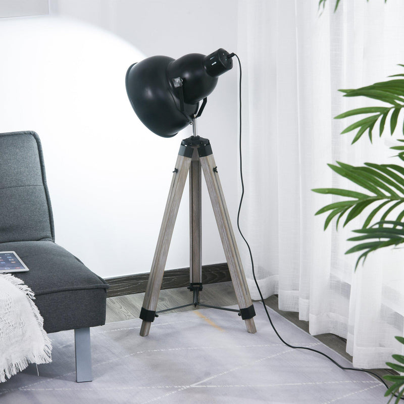 Lampada da Terra Tripode in Legno con Paralume in Metallo 63x63x100-146 cm E27  Nera