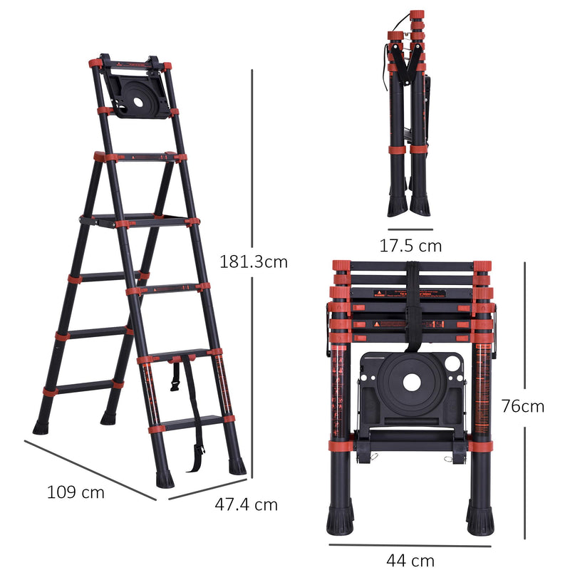 Scala Telescopica Estensibile 4+4 Gradini con Vassoio Porta Oggetti  Nera e Rossa