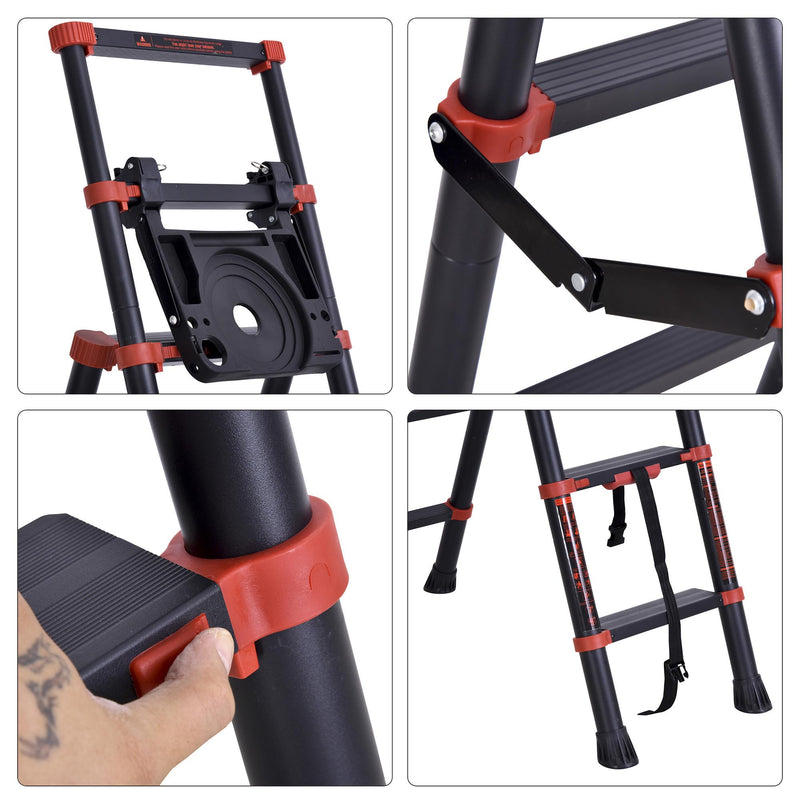 Scala Telescopica Estensibile 4+4 Gradini con Vassoio Porta Oggetti  Nera e Rossa