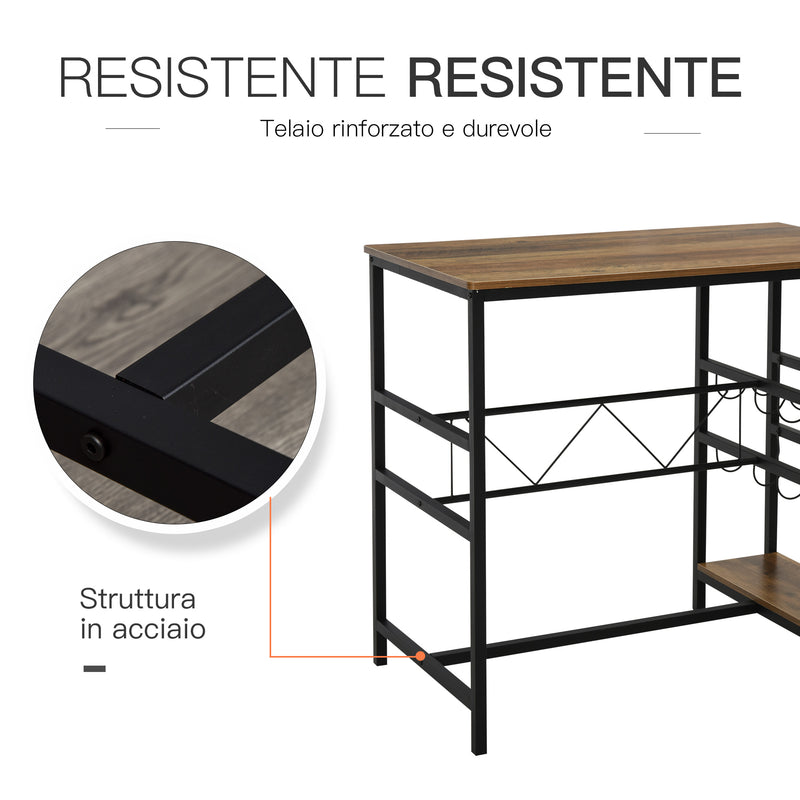 Set Tavolo e 2 Sgabelli Alti con Portabottiglie e Portabicchieri  Nero e Marrone