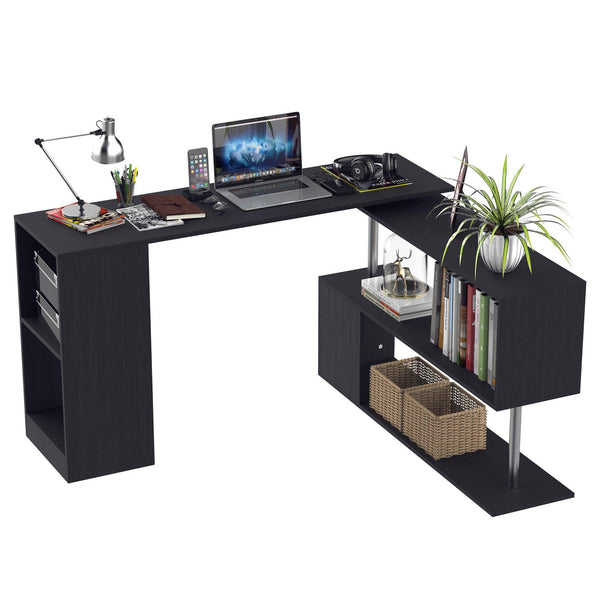 Bureau d'angle 140x120x78,2 cm avec tiroirs et étagère rotative noire acquista