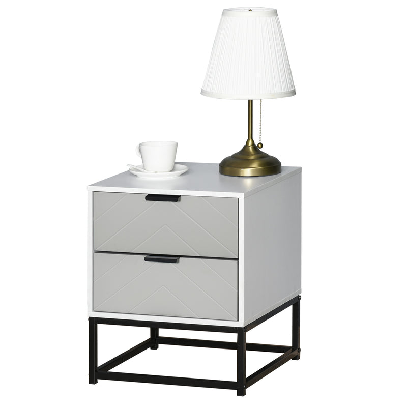 Comodino 39,5x40x48 cm 2 Cassetti in MDF e Acciaio  Bianco e Grigio