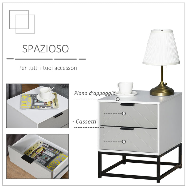 Comodino 39,5x40x48 cm 2 Cassetti in MDF e Acciaio  Bianco e Grigio