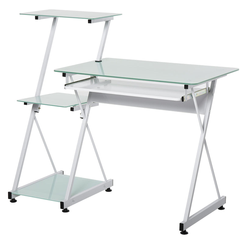 Scrivania da Ufficio Porta PC 116,5x54,5x100 cm con Mensole e Piano in Vetro  Bianca