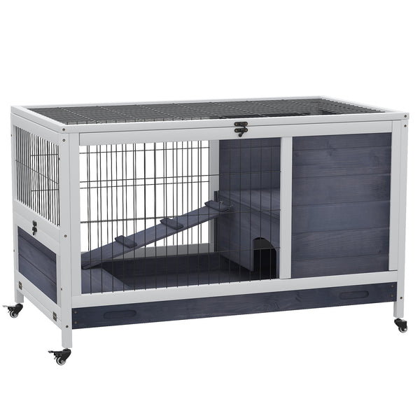 sconto Cage pour Lapins et Cochons d'Inde 90x53x59 cm avec Roues en Bois Gris