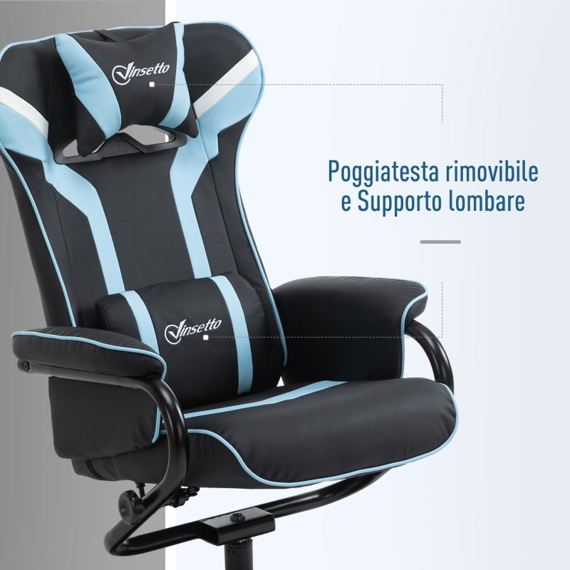 Sedia da Gaming Girevole Reclinabile con Poggiapiedi in Similpelle  Nera e Azzurro