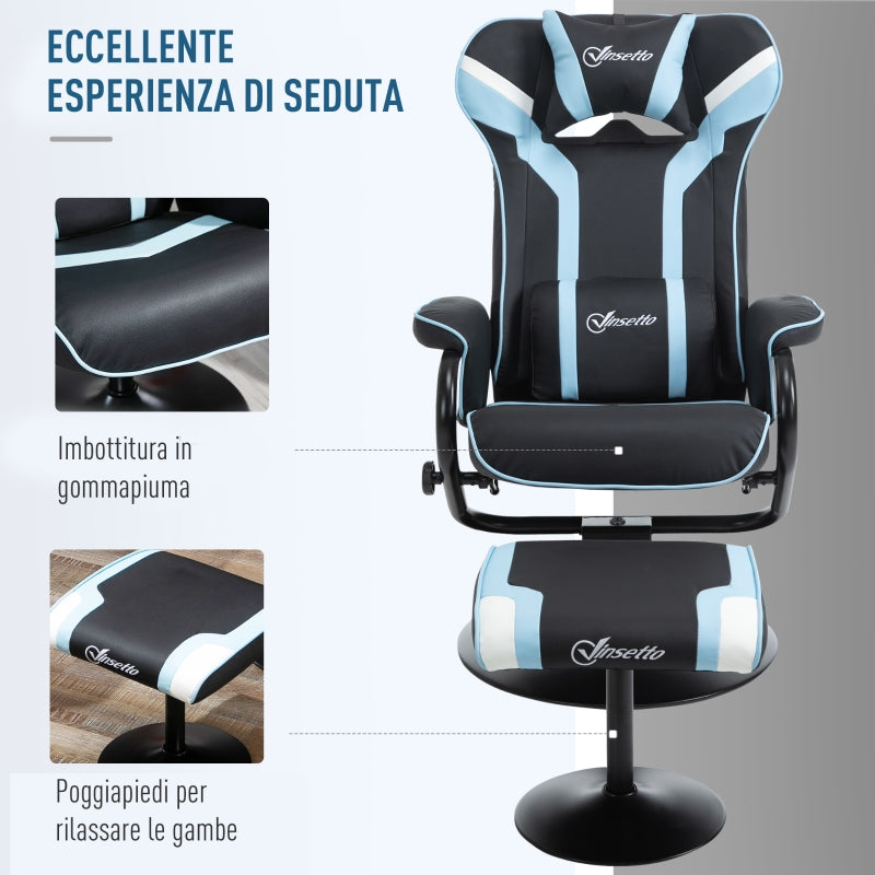 Sedia da Gaming Girevole Reclinabile con Poggiapiedi in Similpelle  Nera e Azzurro