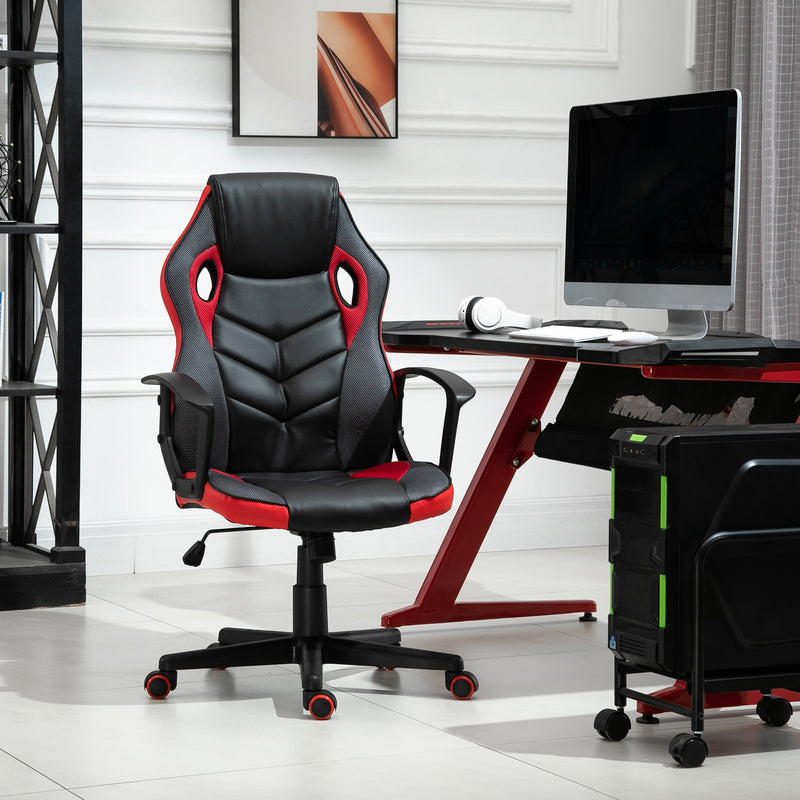 Sedia da Gaming Girevole Reclinabile in Similpelle  Nera e Rossa