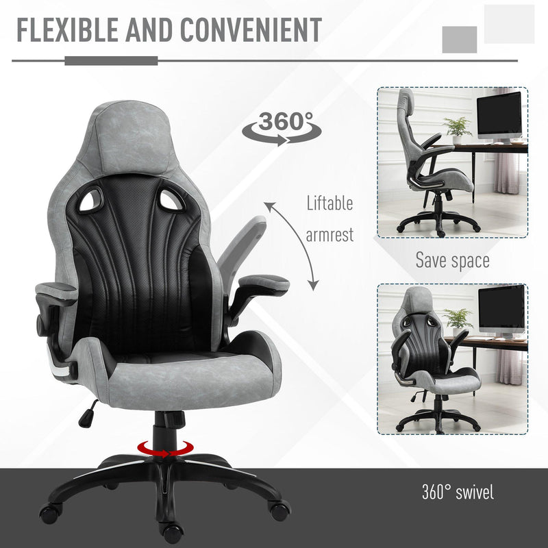 Sedia da Gaming Girevole Reclinabile in Similpelle  Nera e Grigia