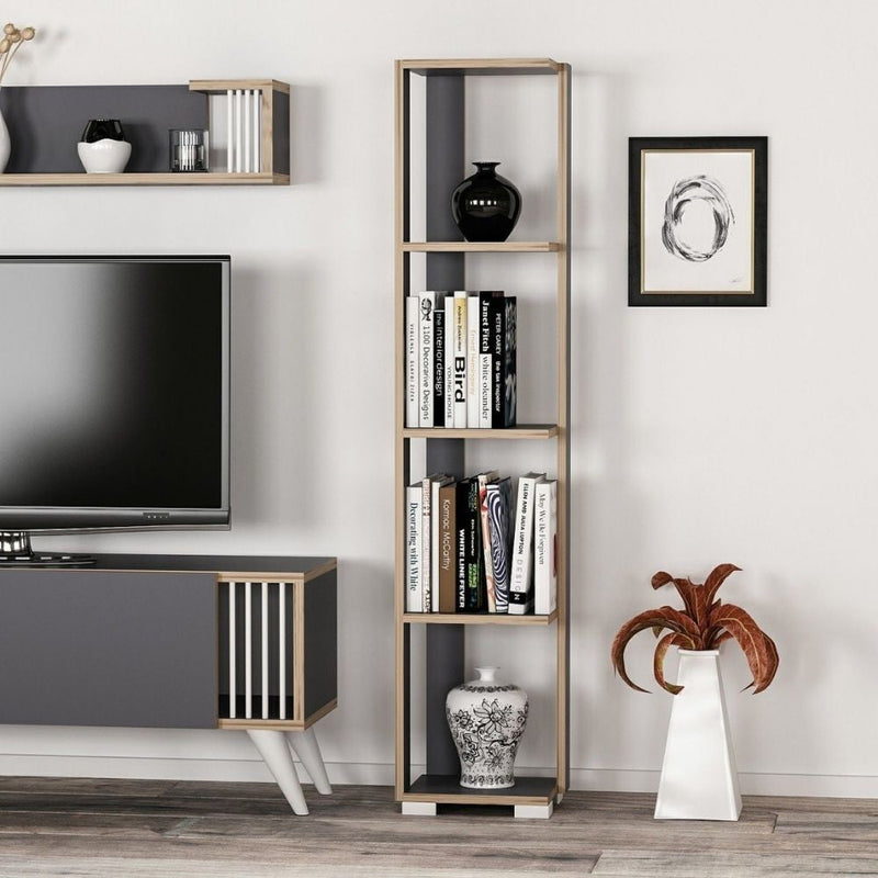 Libreria 34x153 cm 5 ripiani antracite dettagli noce