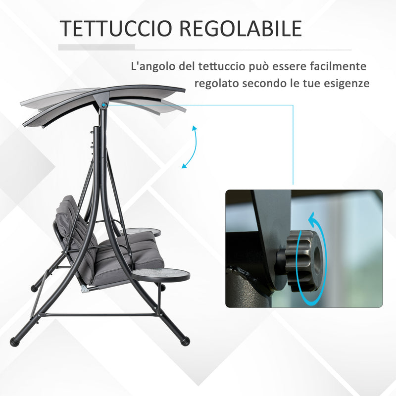 Dondolo da Giardino 3 Posti in Metallo con 2 Tavolini Grigio