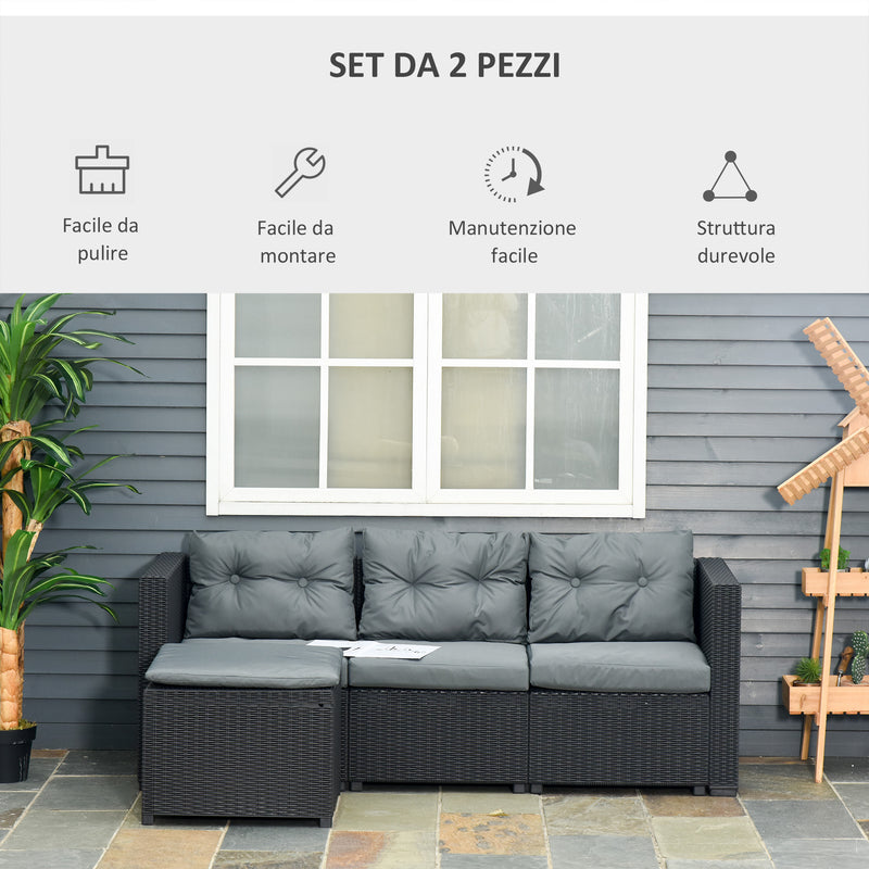 Set da Giardino Divano 3 Posti e Poggiapiedi in Rattan PE Nero e Grigio