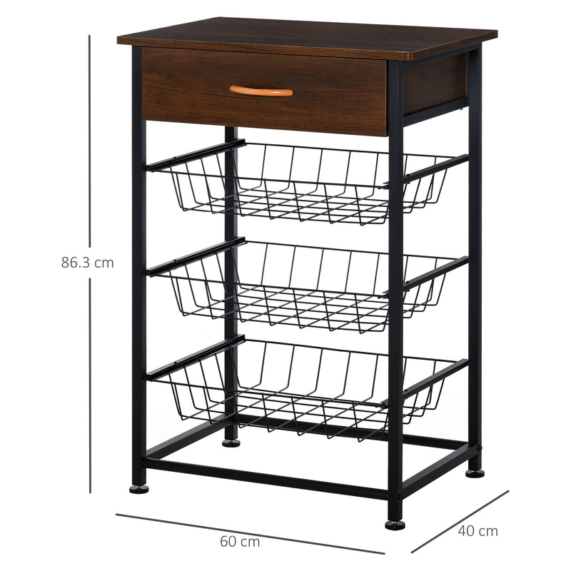 Mobiletto da Cucina 3 Cestelli 1 Cassetto 60x40x86,3 cm in Metallo Marrone e Nero