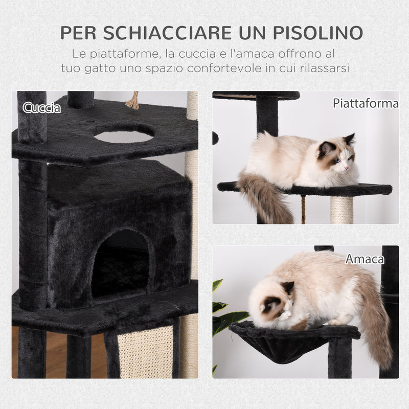 Albero Tiragraffi per Gatti 56x56x240 cm in Peluche e Corda di Juta Grigio Scuro e Beige