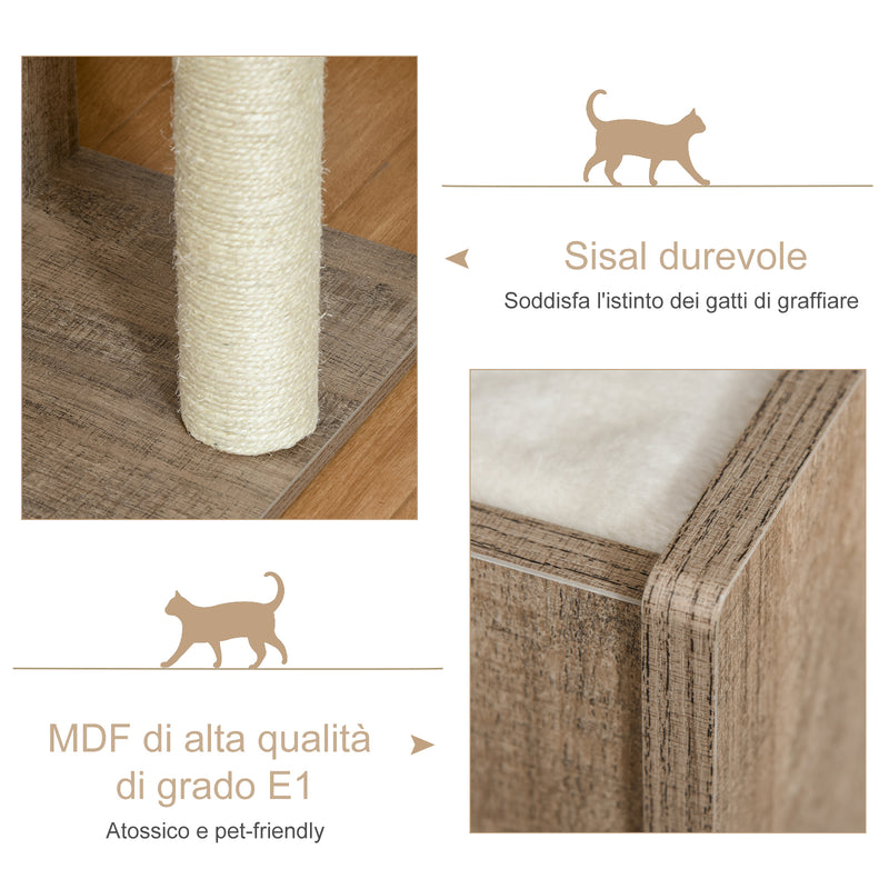Albero Tiragraffi per Gatti 66x38x88 cm in Legno e Corda Sisal Marrone Chiaro