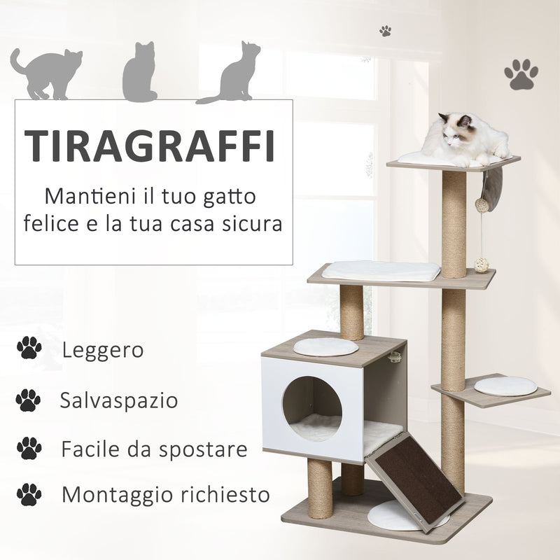 Albero Tiragraffi per Gatti 60x48x122 cm in MDF e Corda di Juta Grigio Chiaro