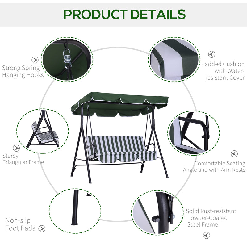 Dondolo 3 Posti da Giardino 172x110x152 cm in Acciaio e Tessuto Verde e Bianco