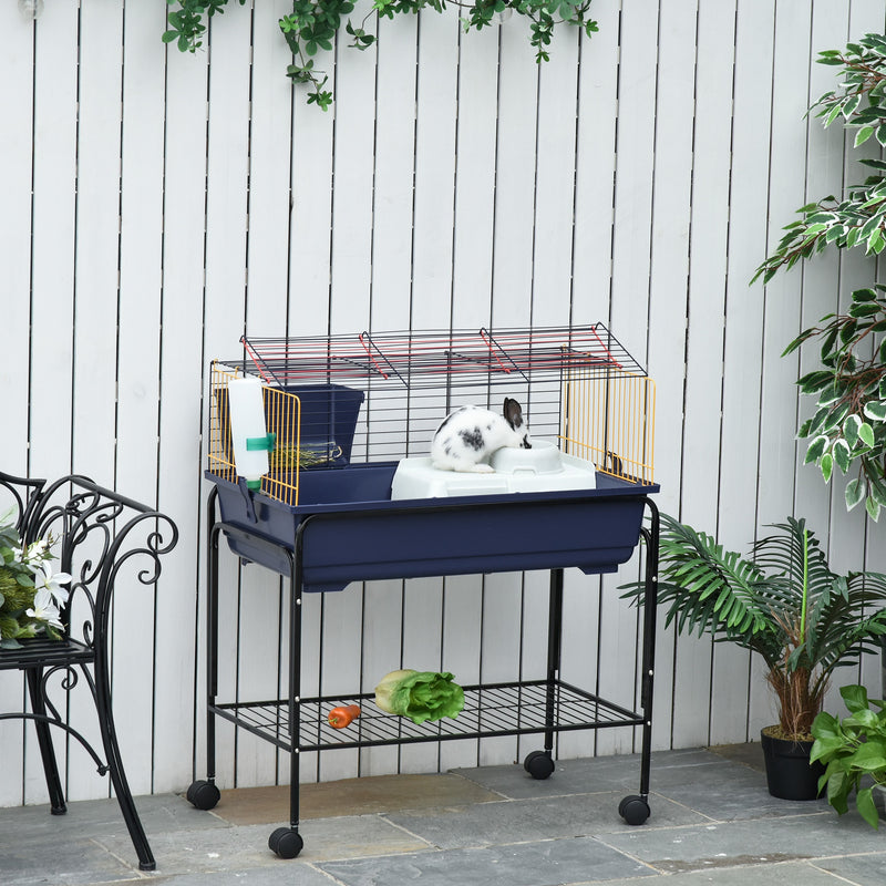 Gabbia per Conigli con Carrello 78x44x91 cm in Metallo Blu e Nero