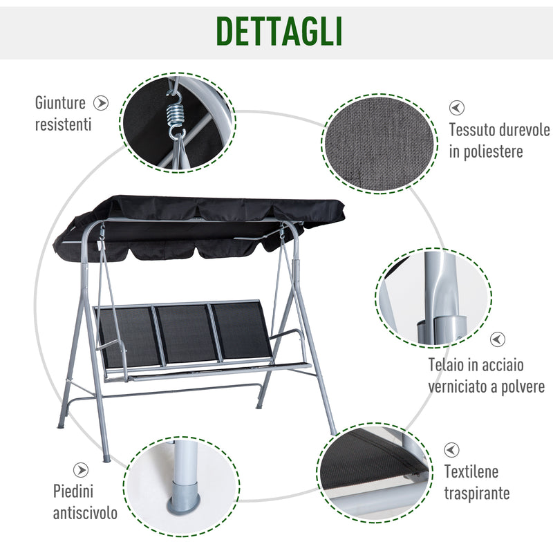 Dondolo 3 Posti da Giardino 170x110x153 cm in Acciaio Nero e Argento