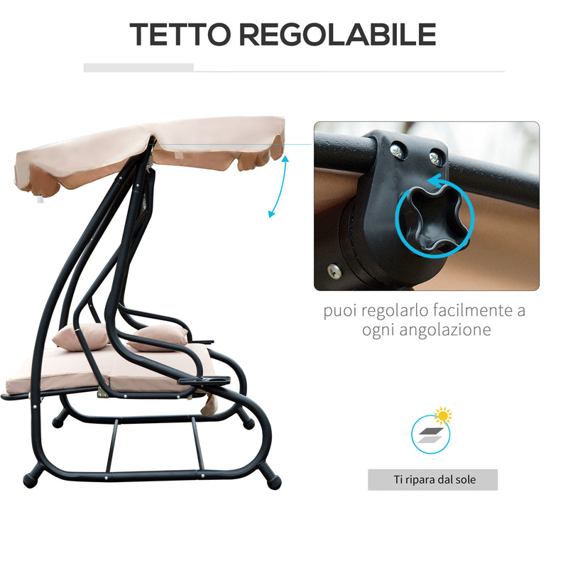 Dondolo 3 Posti da Giardino con Schienale Reclinabile per Funzione Letto Beige