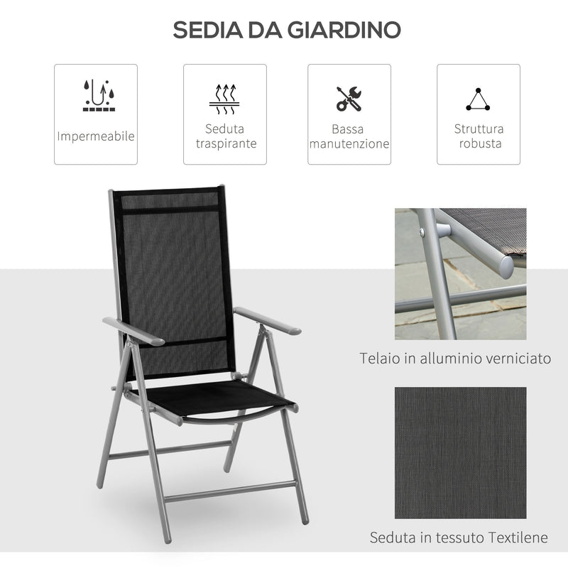 Sedia da Giardino Pieghevole 65x55x107 cm in Alluminio e Textilene Nera