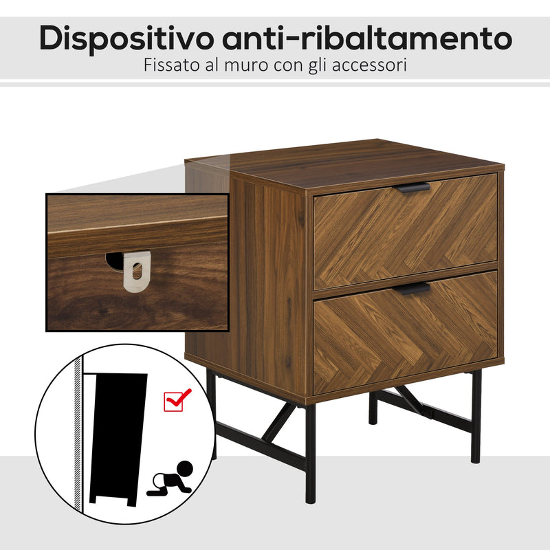 Comodino 2 Cassetti 48x39,5x61 cm in Legno Noce