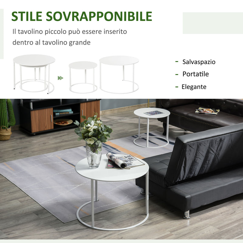 Set 2 Tavoli da Giardino Sovrapponibili Ø70 cm e Ø50 cm in Ferro Bianco