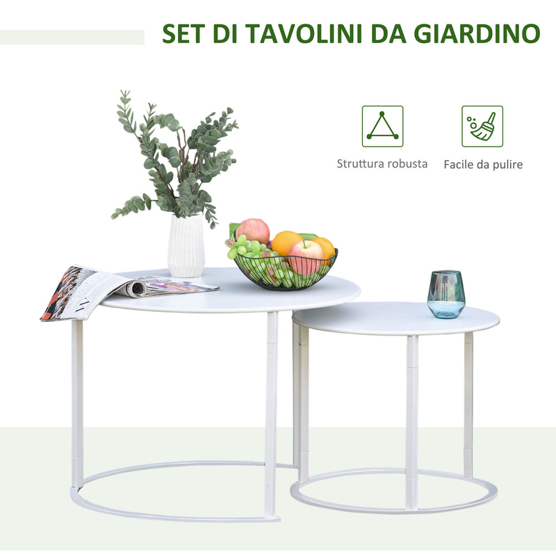 Set 2 Tavoli da Giardino Sovrapponibili Ø70 cm e Ø50 cm in Ferro Bianco